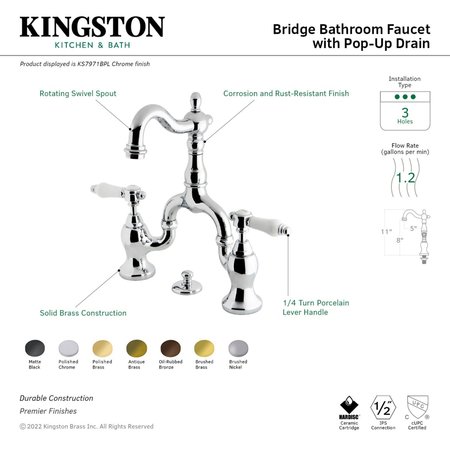 Kingston Brass Bridge Bathroom Faucet with Brass PopUp, Antique Brass KS7973BPL